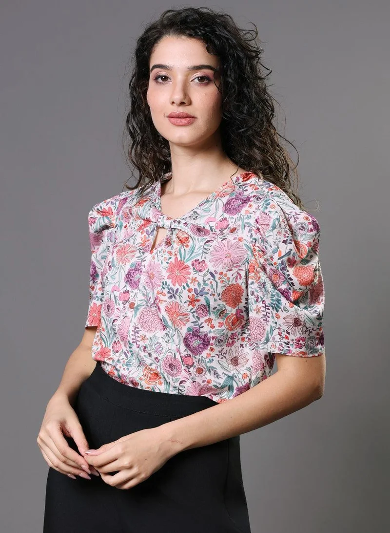 زجزاج Pink Floral Printed Front Knot Top